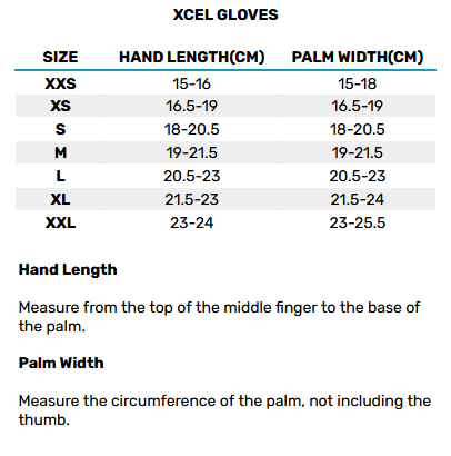 2025 XCEL Gloves 0 Size Chart